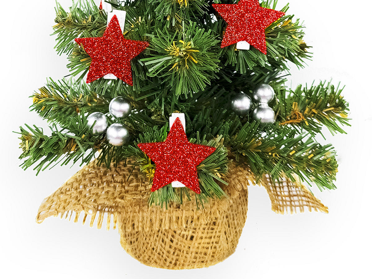 WEIHNACHTSBAUM künstlicher 25 cm, TINY 5, mit 23-teiligem Weihnachtsbaumschmuck, inkl. Metallständer und Aufbewahrungsbox - Rot/Silberfarben, Kunststoff/Stein (18/25cm) - LAALU