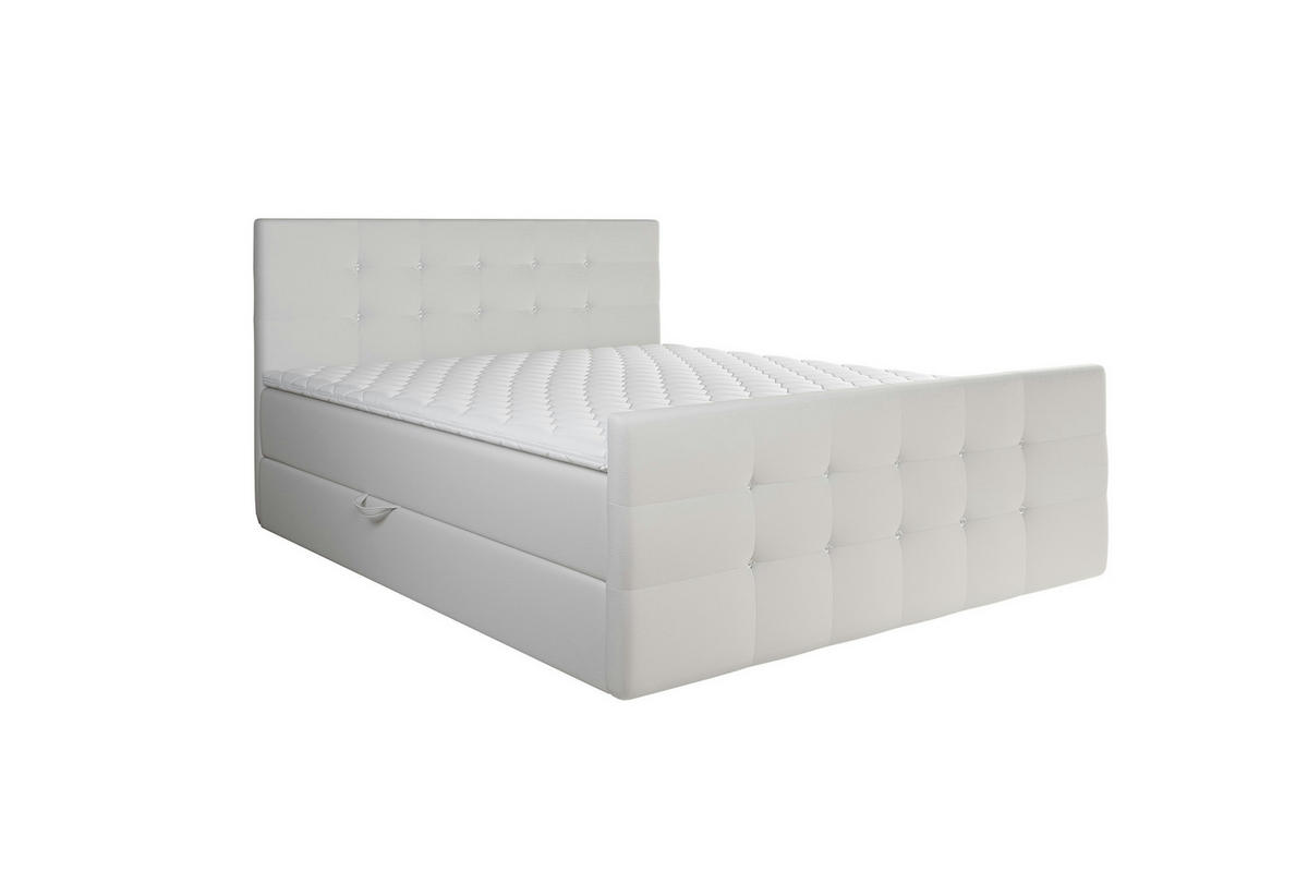 BOXBETT Paris Weißes Kunstleder 160x200 cm Bettkasten + Topper - Weiß, Leder/Holz (160/200cm) - Comfortic