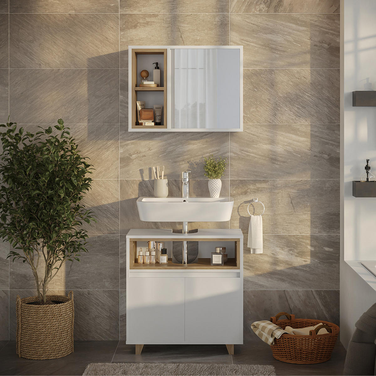 KOUPELNOVÝ NÁBYTEK Elnor Bílá/dub - bílá, kompozitní dřevo (60/61/30cm) - Vicco