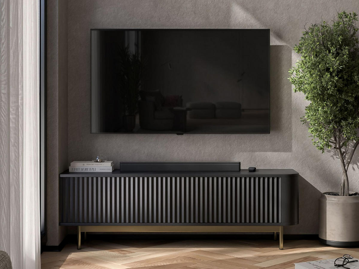 TV stolek Aurora černý matný 140 cm se zlatým kovovým rámem - černá/zlatá, kov/kompozitní dřevo (140/44/35cm) - Meble Lindner
