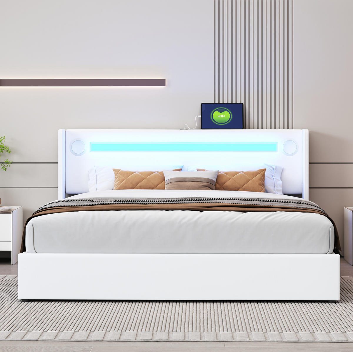 ČALÚNENÁ posteľ 160/200 cm biela s LED osvetlením Bluetooth reproduktorom USB nabíjaním a úložným priestorom z PU kože - biela, plast (160/200cm) - OKWISH