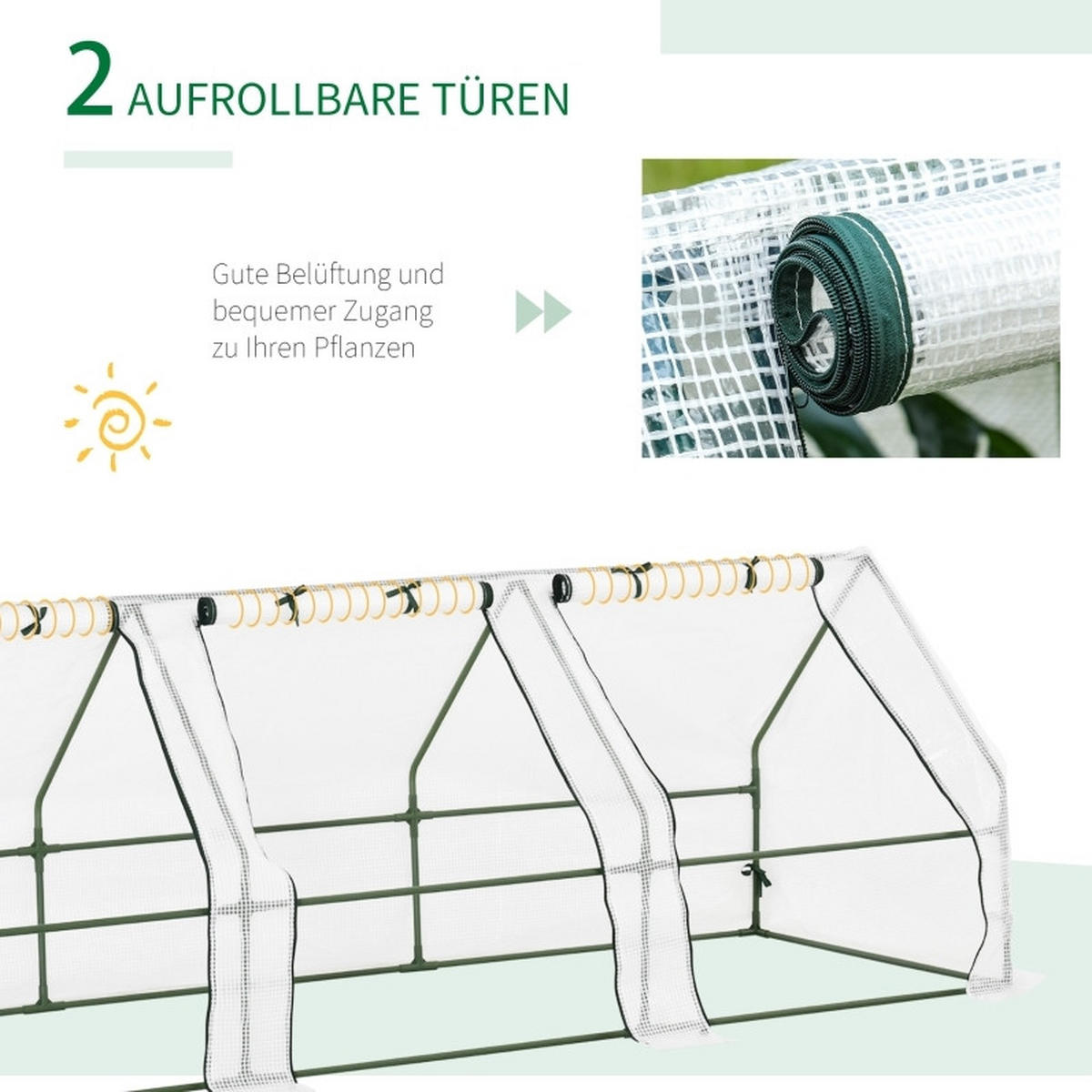 GEWÄCHSHAUS 270/90/90 cm in Weiß mit 3 Rollfenstern und PE-Folie - Weiß, Metall (90/90/270cm) - Flora Grace