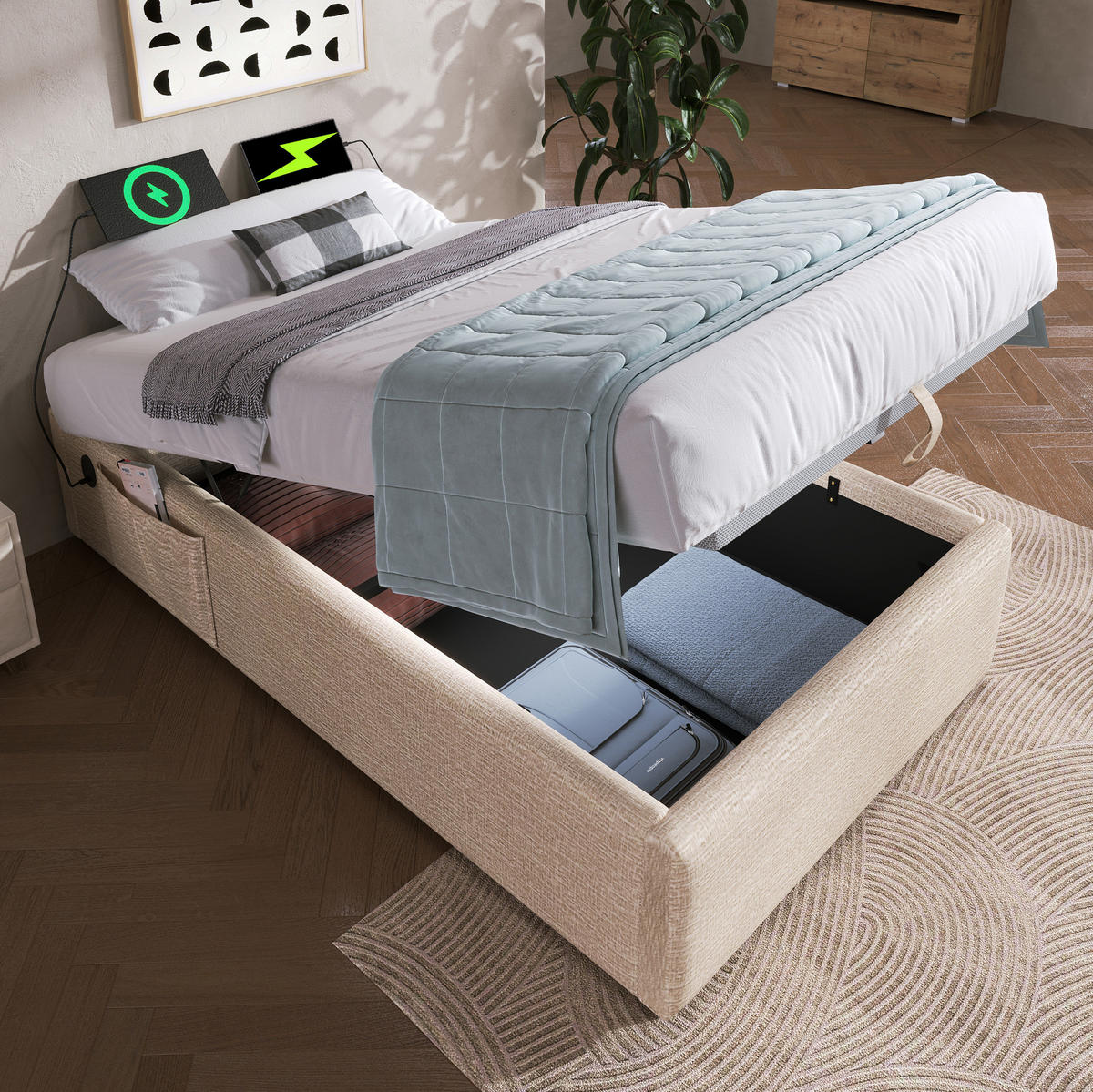 POLSTERBETT aus Leinen 90x200 cm in Natur mit USB-C & Stauraum - Beige, Textil (90/200cm) - Modfu
