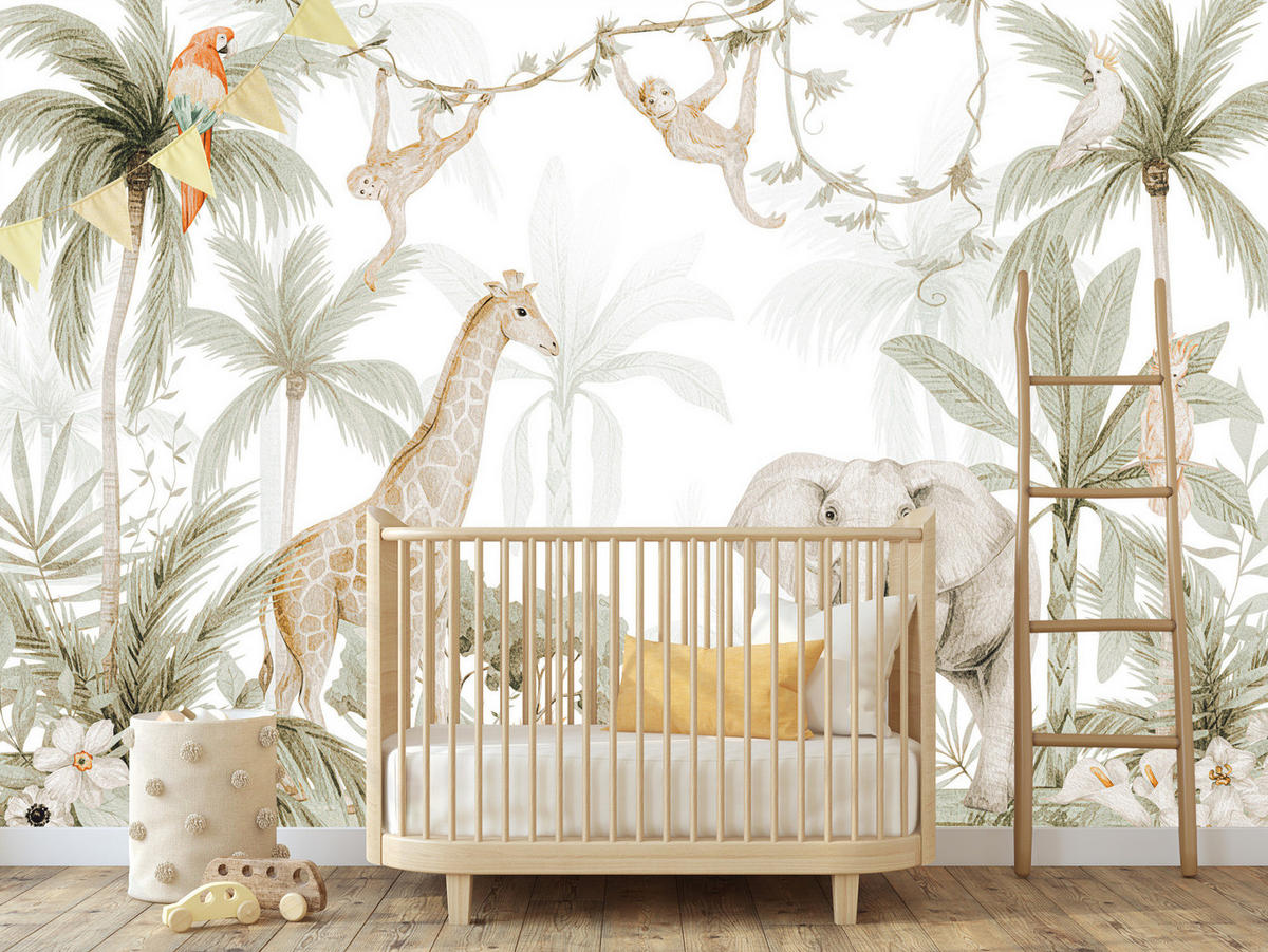 FOTOTAPETE für Kinder wilde TIERE tropische Pflanzen Retro 460x300cm - Beige/Rot, Papier (460/300cm) - Muralo