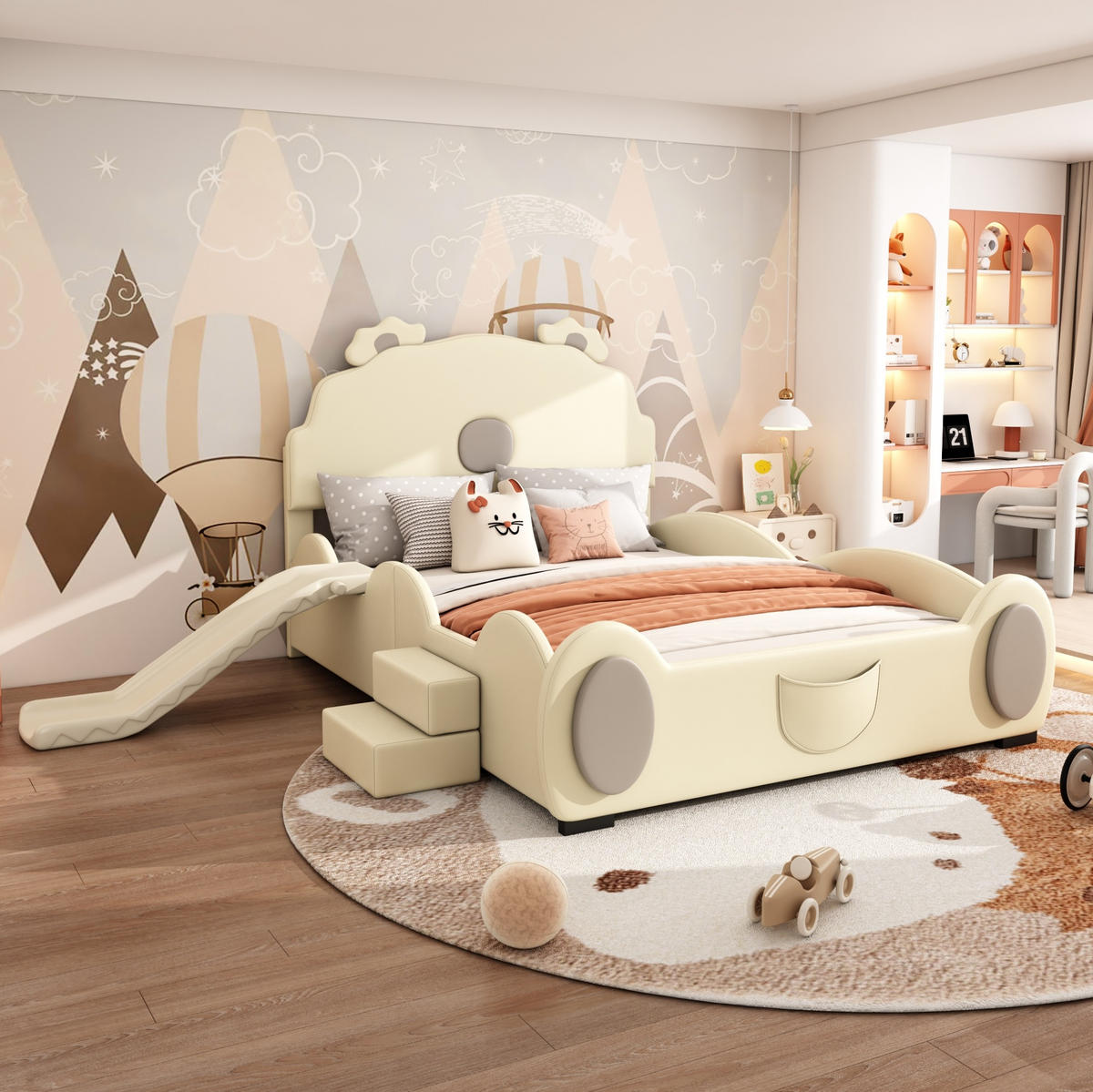 KINDERBETT aus PU und MDF 140x200 cm Beige mit Rutsche und Leiter im Bären-Design - Beige, Kunststoff (140/200cm) - IVMEU