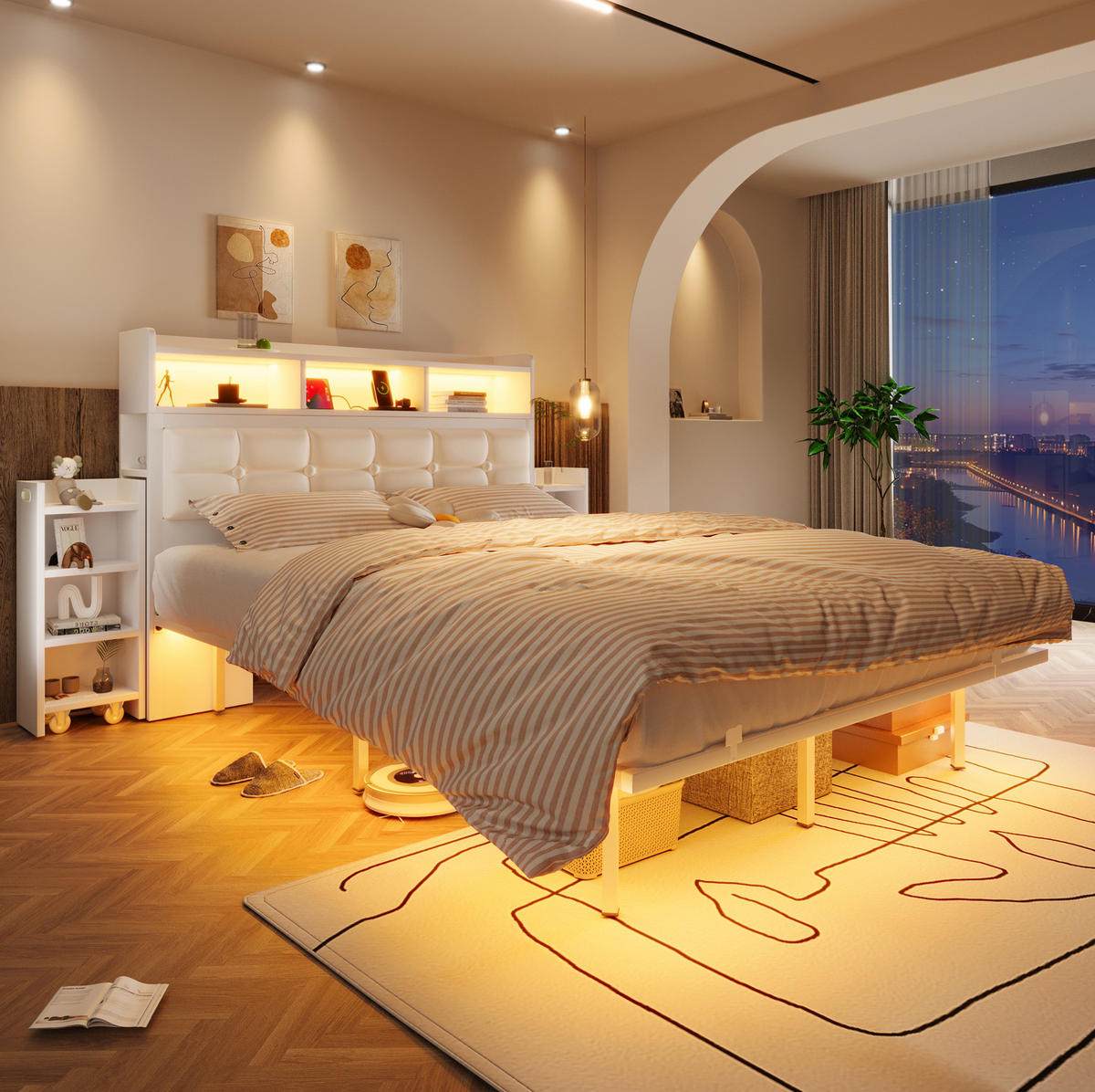 POLSTERBETT 140/190 cm mit LED, USB-/USB-C-Ladestation und 2 ausziehbaren Nachttischen, Weiß - Weiß, Metall (140/190cm) - Redom