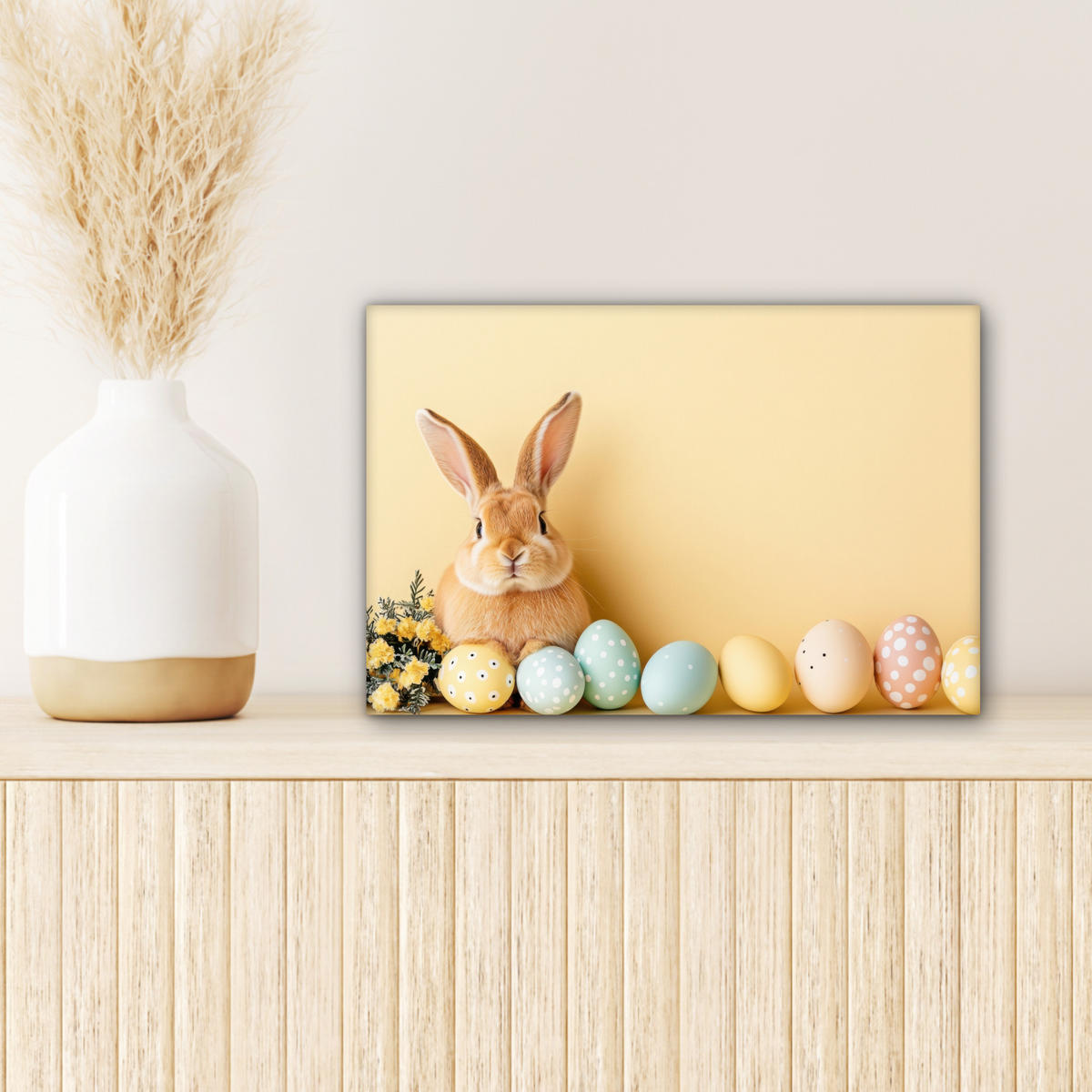 LEINWANDBILD Eier - Kaninchen - Pastellfarbtöne Deko Schlafzimmer 30x20 cm - Hellgelb, Textil (30/20cm) - MuchoWow