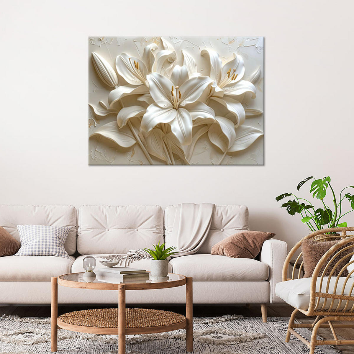 BILD auf Leinwand, Weiße Blüten in Reliefkomposition - Beige, Textil (120/80cm) - Feeby