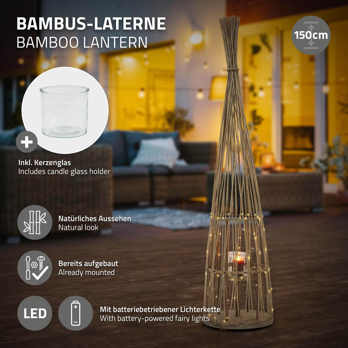 BAMBUSOVÁ LAMPION V: 150 cm, dřevěná barva, styl boho - přírodní, dřevo (35.5/150/35.5cm) - ECD-Germany