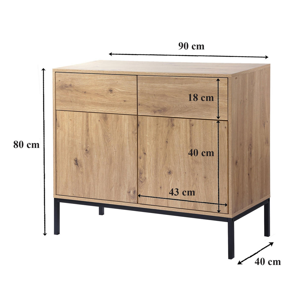 KOMMODE 2 Türen2 SchubladenEichendekor 40/80/90 cm - Eichefarben, Holzwerkstoff (90/80/12.5cm) - Calicosy