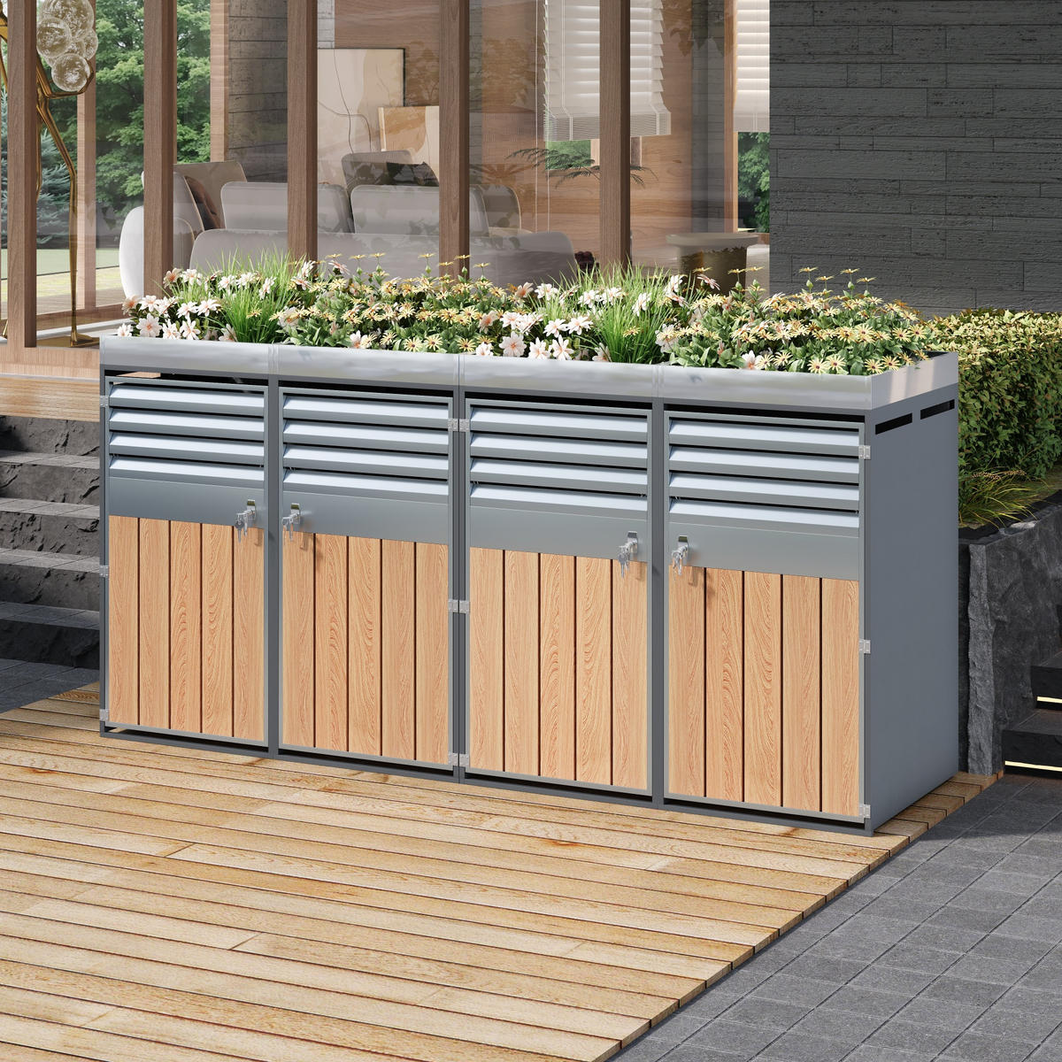 MÜLLTONNENBOX 4 Türen abschließbar Pflanzdach Lüftung - Multicolor, Metall (160/236/264cm) - FLIEKS