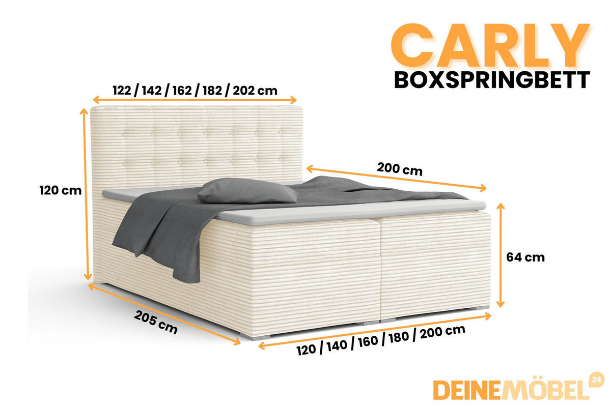 BOXBETT CARLY 180/200 in Cord Creme mit Bonell-Federkernmatratzen H3 - Creme, Holz/Holzwerkstoff (180/200cm) - Deine Möbel 24