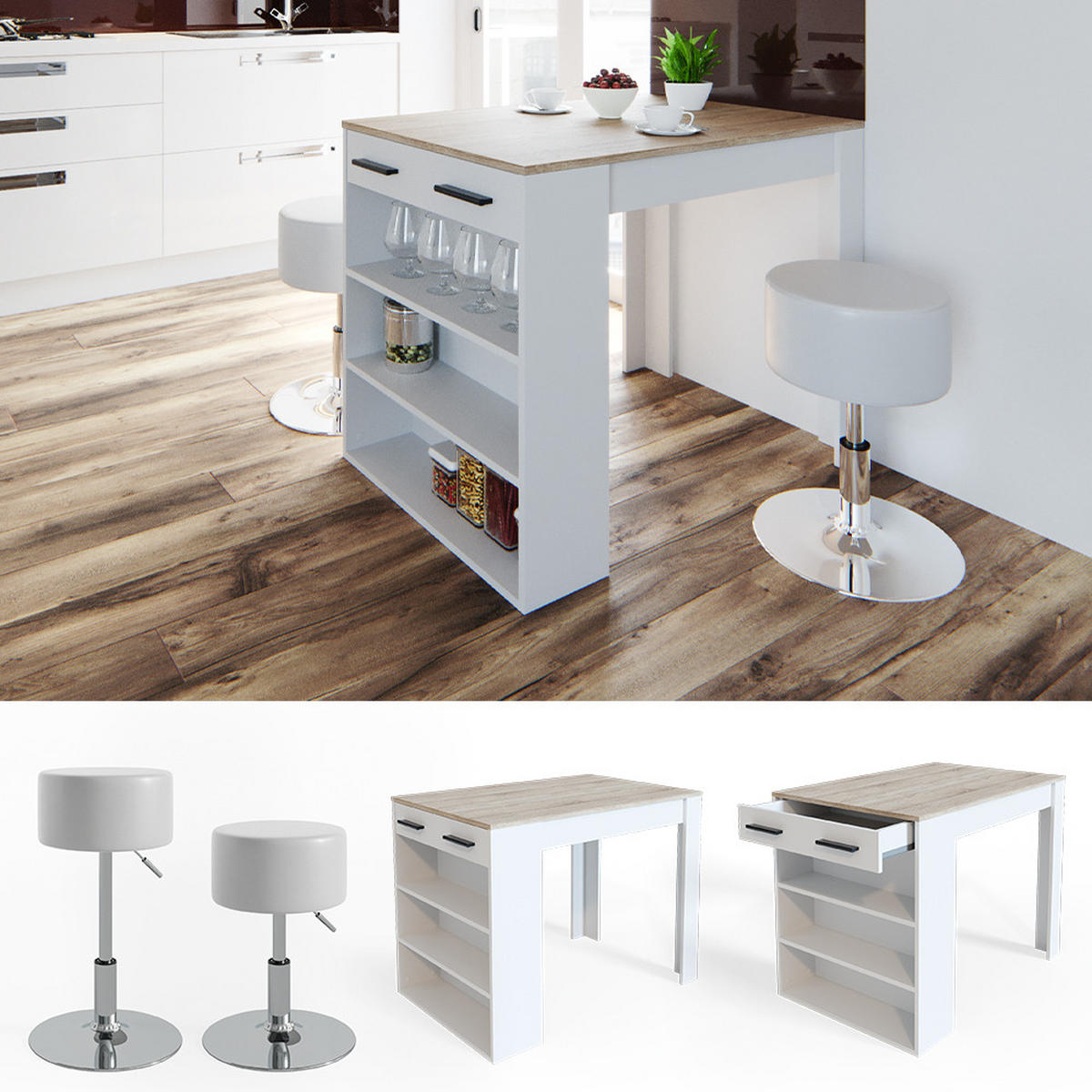 ESSTISCH-SET Repose Sonoma/Weiß 67 x 100 cm mit 2 Hockern - Weiß/Sonoma Eiche, Holzwerkstoff (67/77.5/100cm) - Vicco