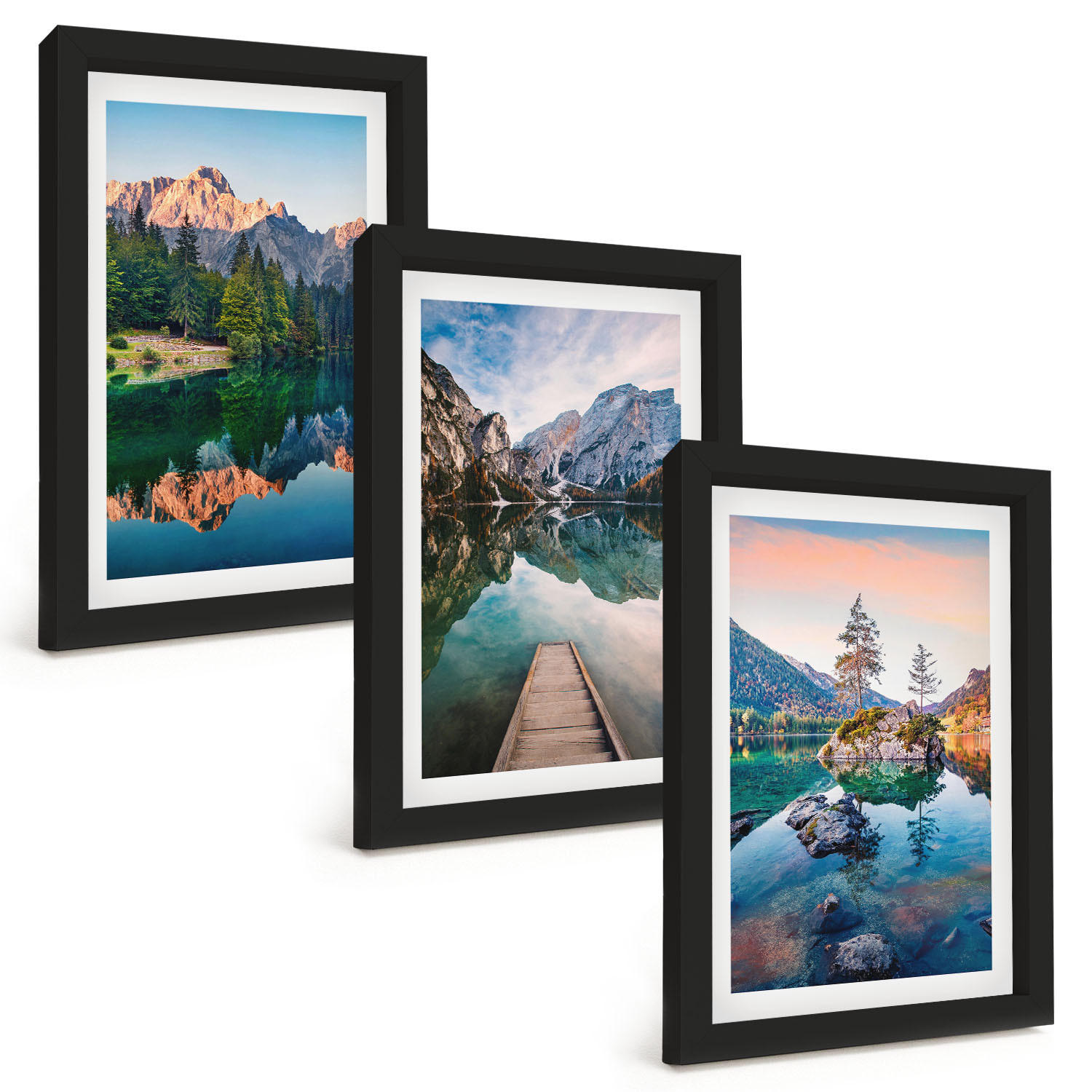 BILDER SET 3er Set - 20x30 cm Schwarzer Rahmen - Spiegelung des Waldes in Bergseen - Schwarz, Kunststoff (20/30cm) - TULUP