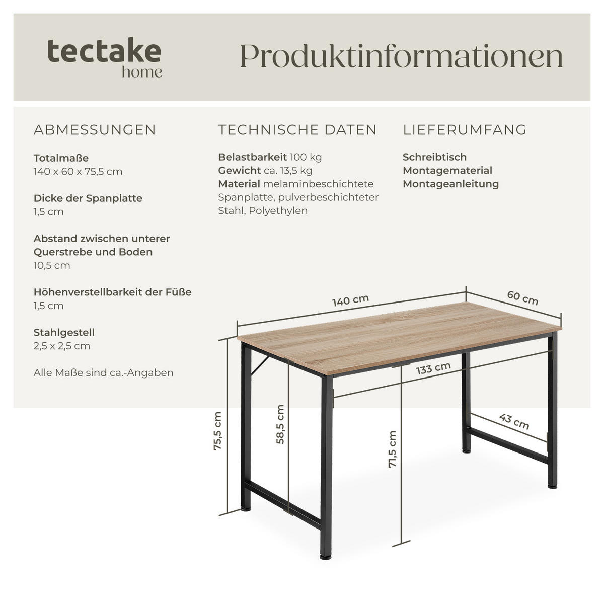 SCHREIBTISCH Jenkins, Höhe 75, 5 cm, Industrial Holz hell, Eiche Sonoma - Naturfarben, Holzwerkstoff (60/140/75.5cm) - tectake