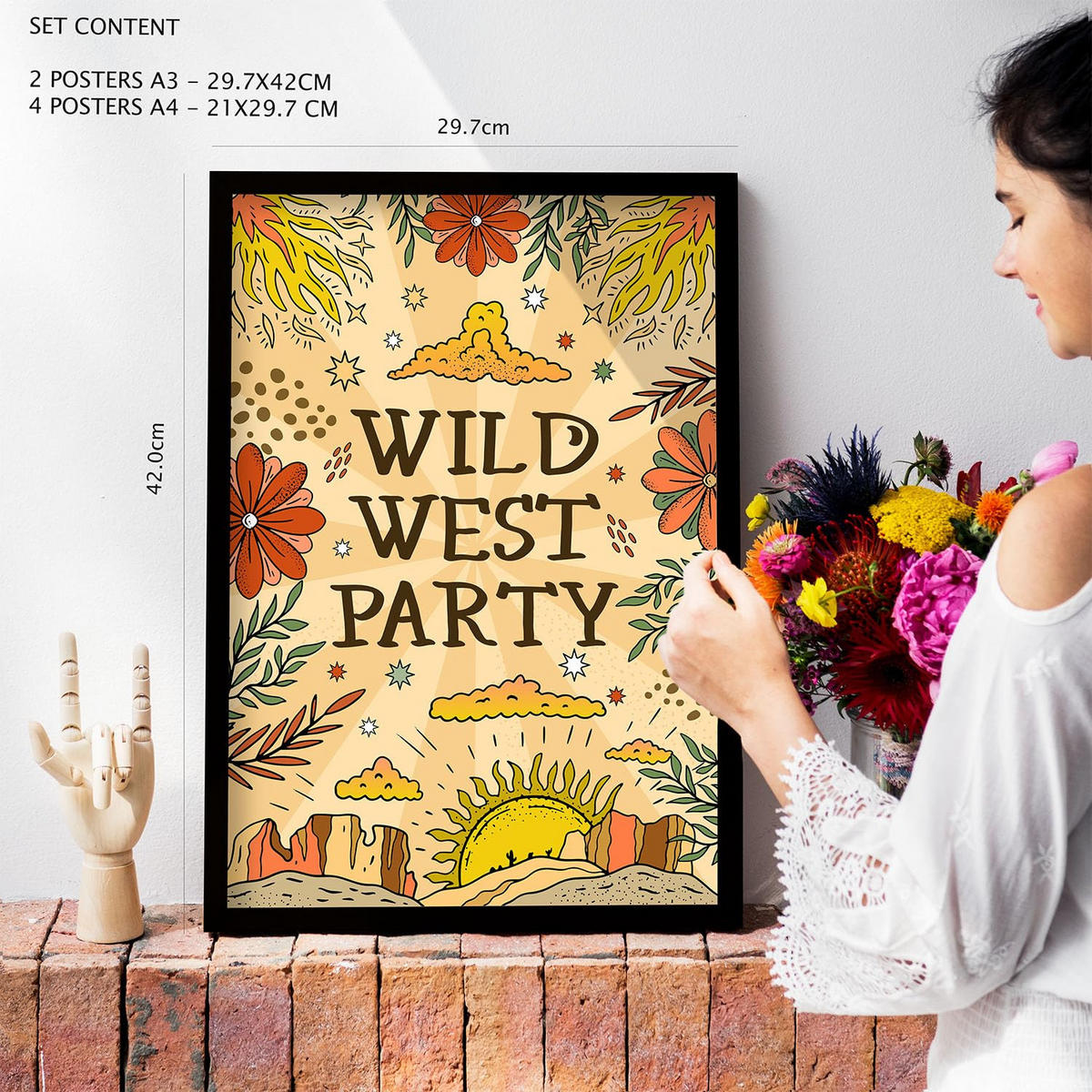 POSTER Set Mit 6 Wundervoller Wildwest-Ästhetische Dekorative Gemälde Für Ihr Wohnzimmer Oder Zuhause Wandkunstdruck A3 & A4 Rahmen Aus Hellem Holz - Beige, Papier (29/3cm) - Nacnic