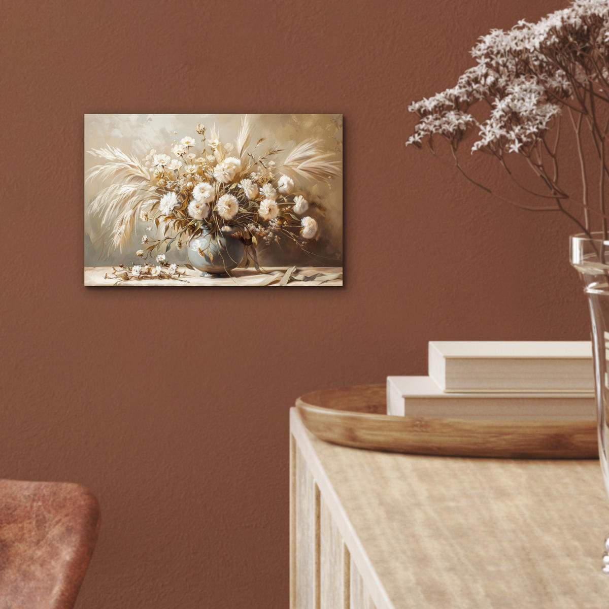 KOVOVÝ OBRAZ Kvety - Váza - Zátišie - Béžová 30x20 cm - krémová, kov (30/20cm) - MuchoWow