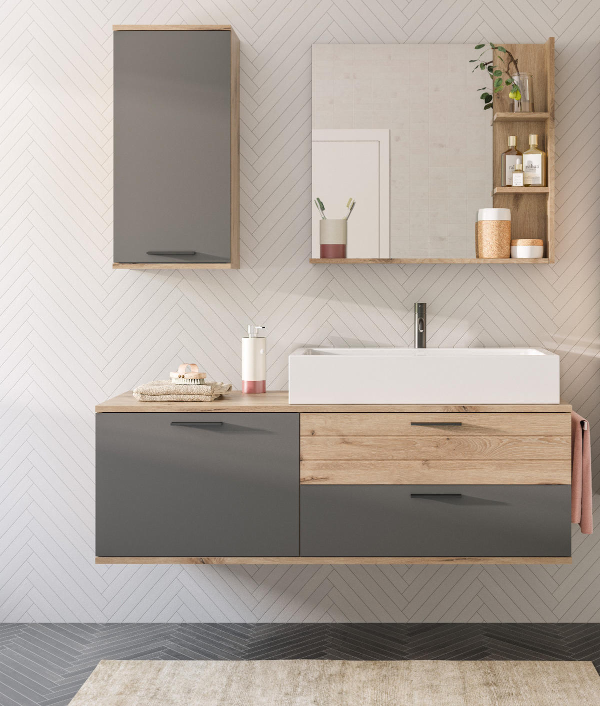 BADMÖBEL-SET Eiche grau 4-teilig 140 cm inkl. Waschbecken, Soft-Close - Eichefarben/Grau, Glas/Keramik (140/152/46cm) - Inn.Furn