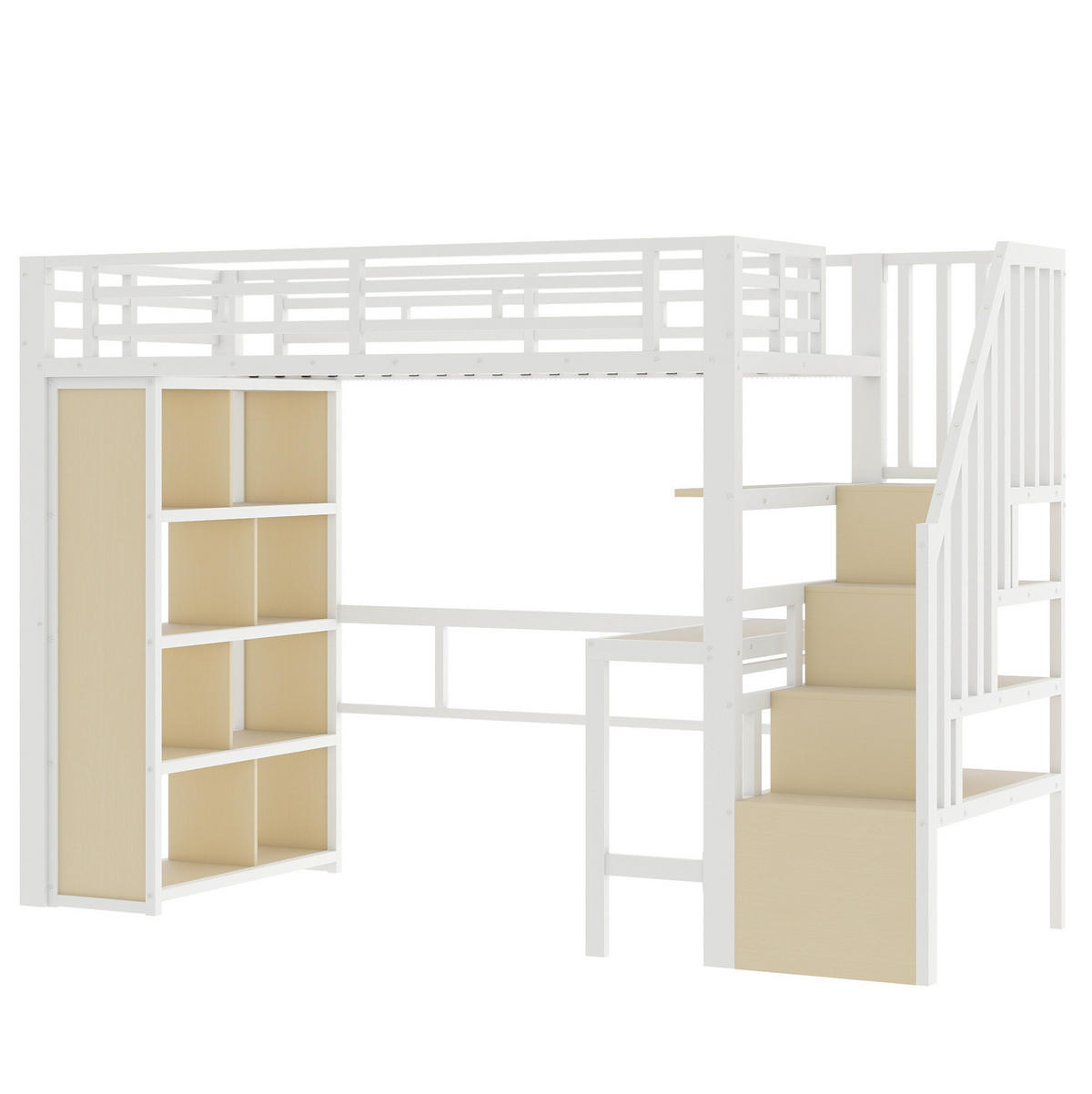 HOCHBETT 90/200 cm Weiß mit Schreibtisch, Stauraumtreppe und LED-Beleuchtung - Weiß, Metall (90/200cm) - Flora Grace