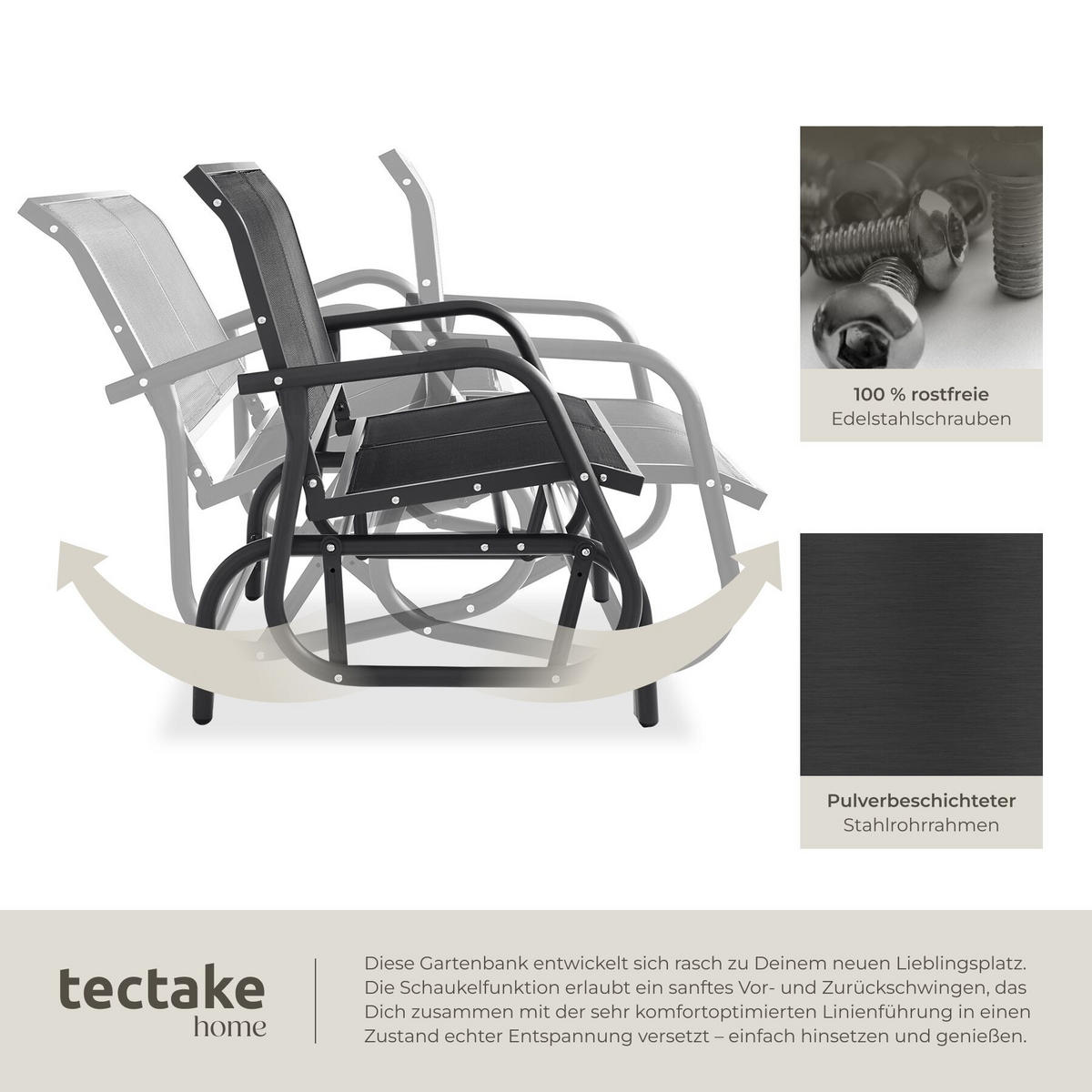 SCHAUKELBANK Greta, 121 x 72 x 86,5 cm, schwarz - Schwarz, Metall (72/86.5/121cm) - tectake