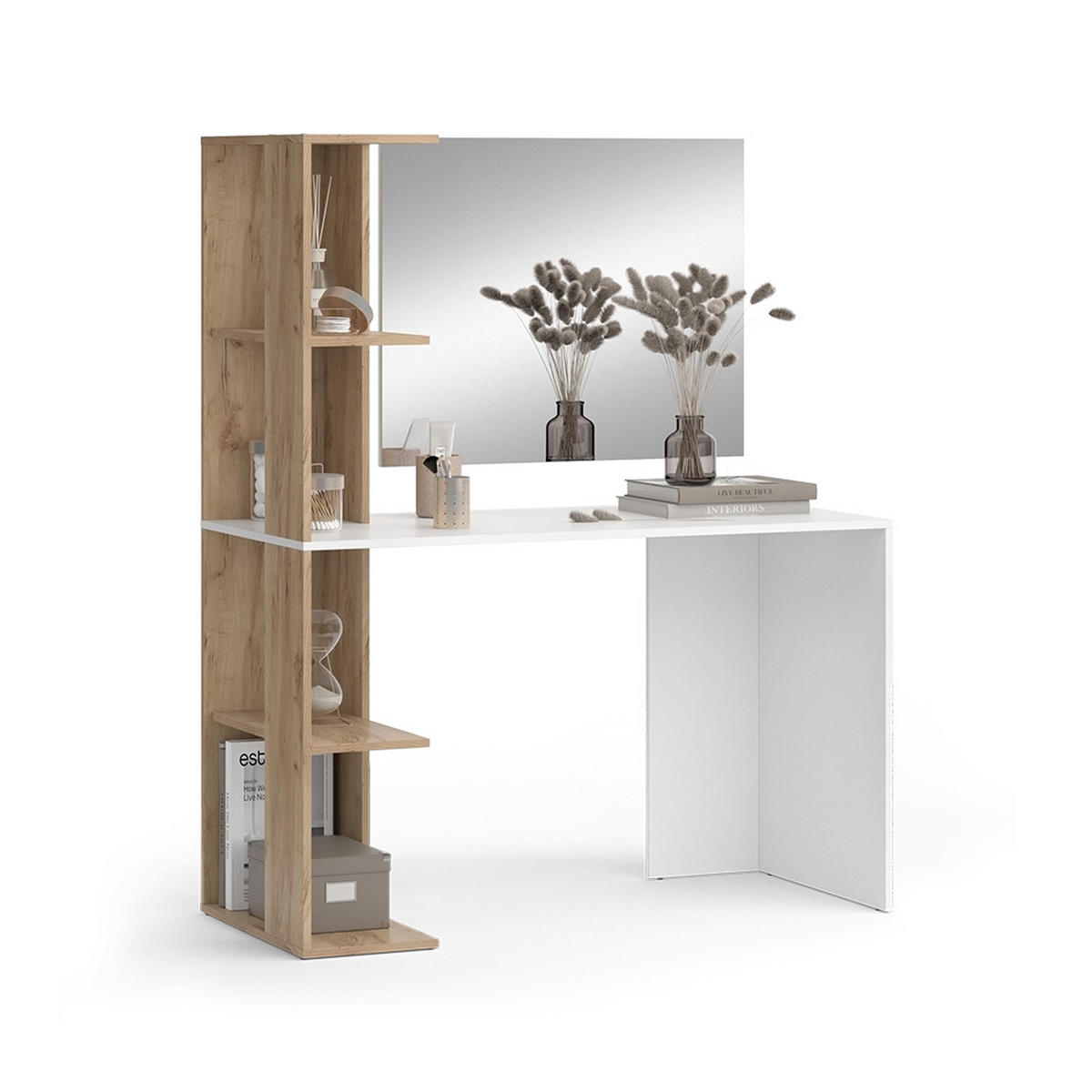 SCHMINKTISCH Tower Weiß/Sonoma 122.2 cm mit Spiegel - Weiß/Sonoma Eiche, Holzwerkstoff (122.2/75.8/55.2cm) - Vicco