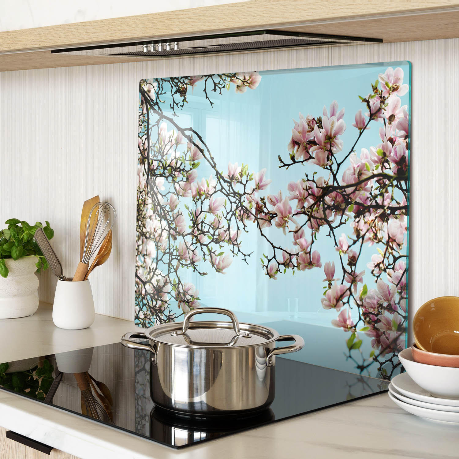 GLASPLATTE 60x52 cm Magnolienblüten - Blau, Glas (60/0.4/52cm) - TULUP