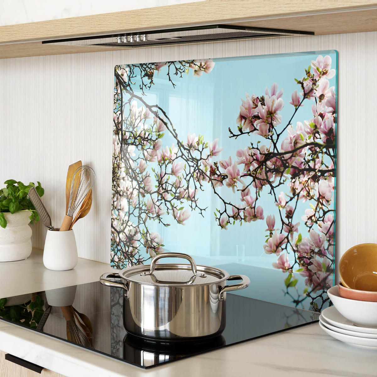 GLASPLATTE 60x52 cm Magnolienblüten - Blau, Glas (60/0.4/52cm) - TULUP