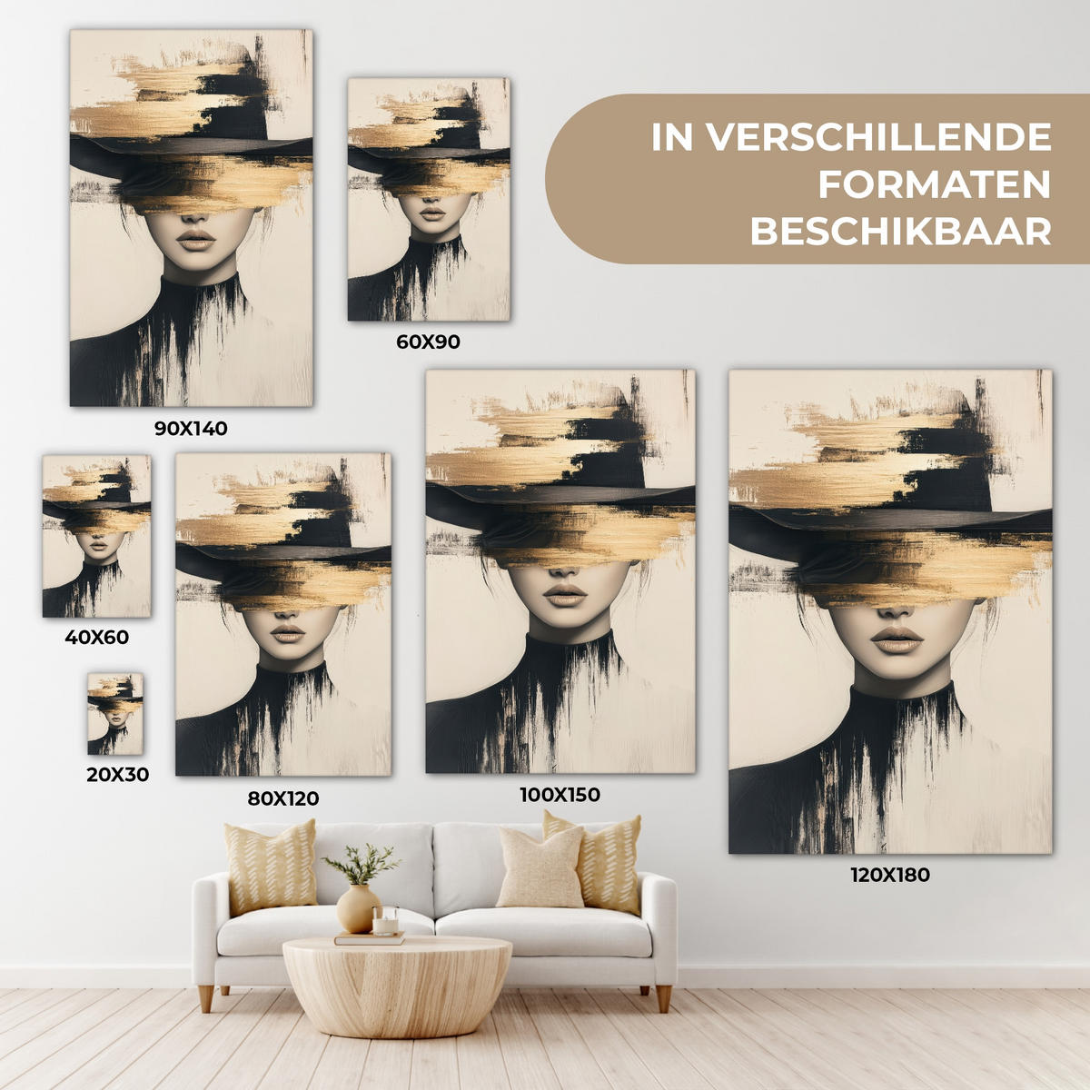 LEINWANDBILD Frau - Hut - Farbe Wanddeko 40x60 cm - Goldfarben, Textil (40/60cm) - MuchoWow
