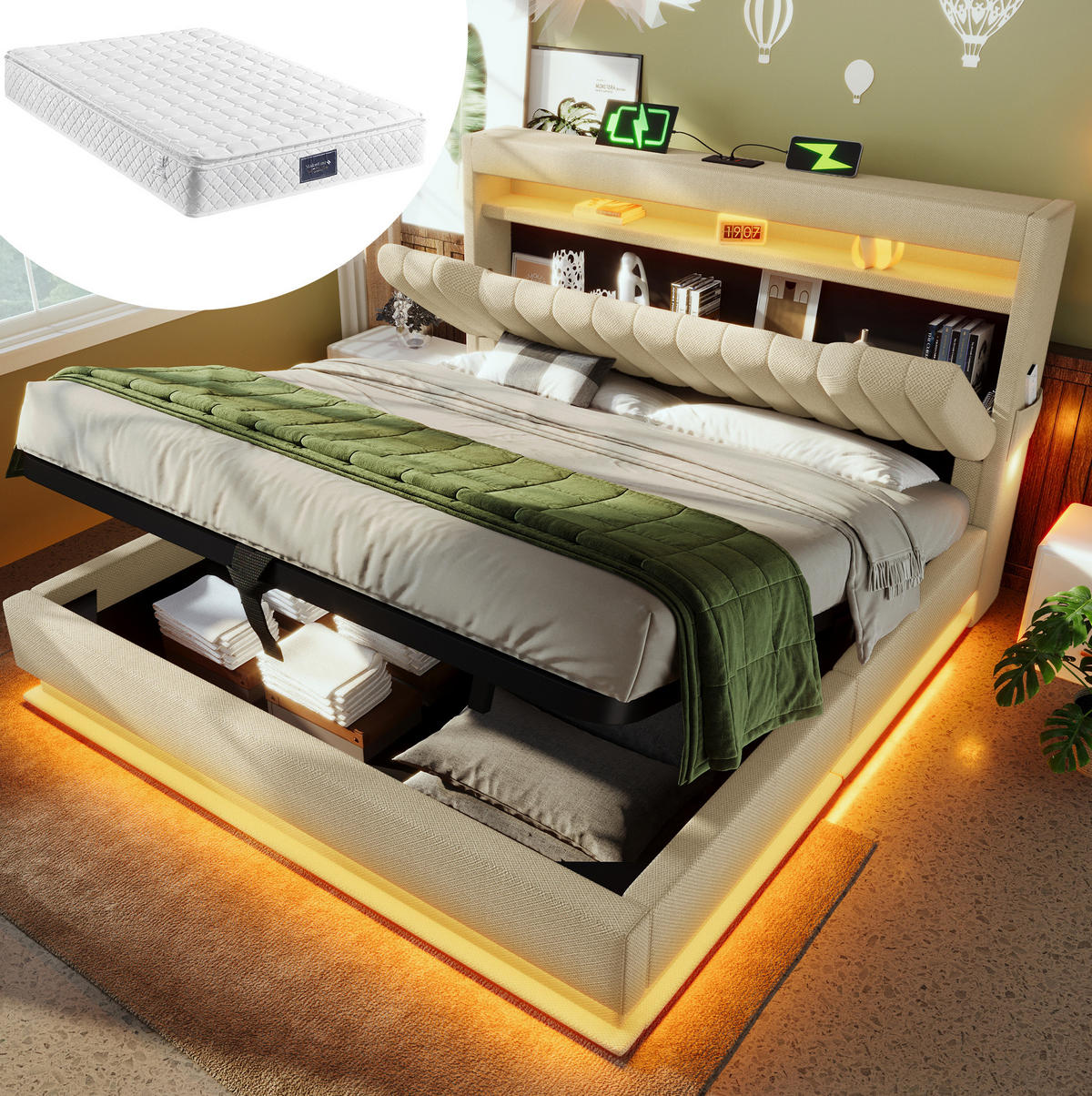POLSTERBETT 160/200 cm Beige aus Leinen mit Stauraum und LED-Beleuchtung mit Matratze - Beige, Textil (160/200cm) - OKWISH