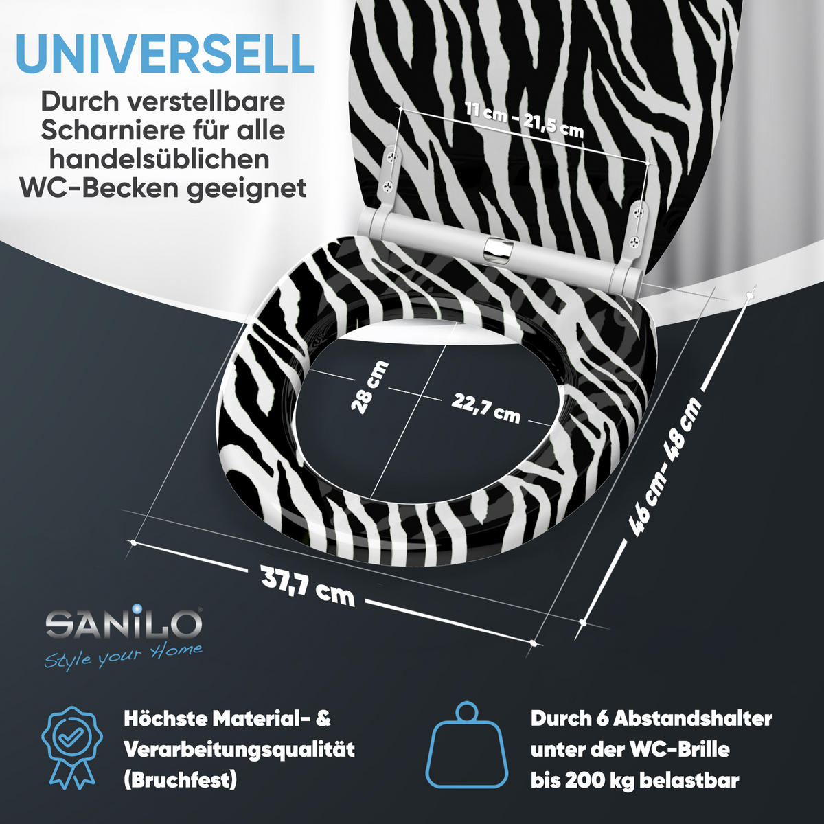 WC-SITZ mit Absenkautomatik & Top Fix Zebra Look - Schwarz, Holzwerkstoff (37.7/5.5/48cm) - Sanilo