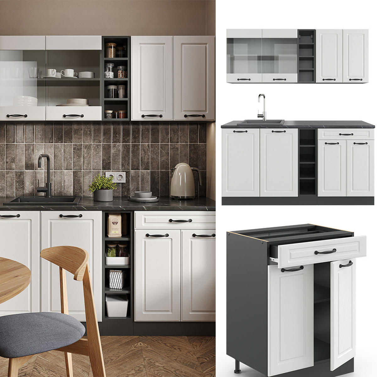 SINGLEKÜCHE R-Line Weiß Landhaus/Anthrazit 160 cm, AP Marmor - Anthrazit/Creme, Holzwerkstoff (160/81.6/60cm) - Vicco