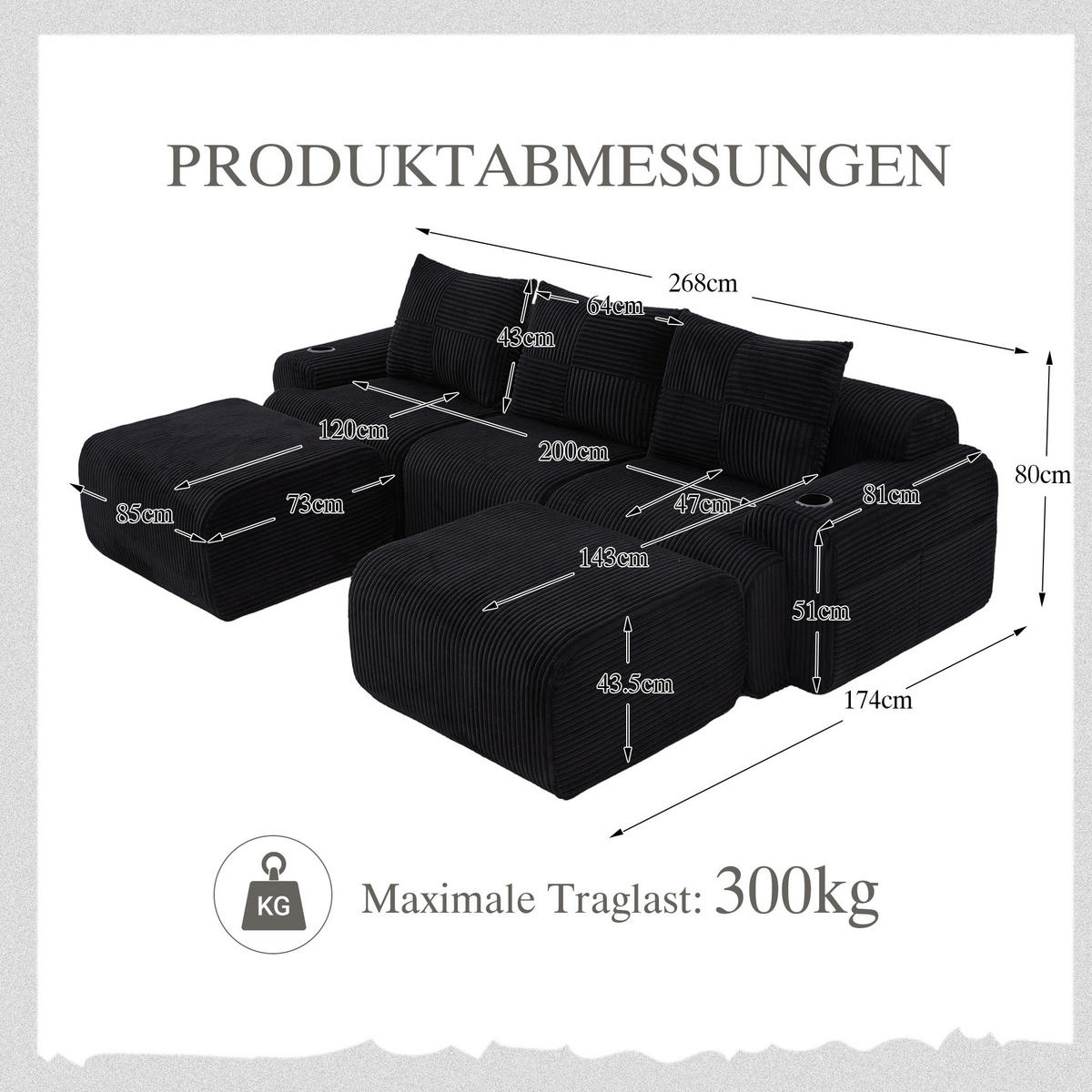 MODULSOFA 3-Sitzer 268 x 174 cm Corduroy Black - Schwarz, Kunststoff (174/80/268.1cm) - Meubliv