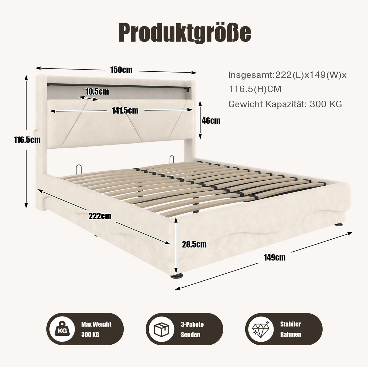 OBLAZINJENA postelja iz žameta, 140/200 cm bež, z LED-osvetlitvijo in shranjevalnim prostorom - bež, tekstil (140/200cm) - Modenvie