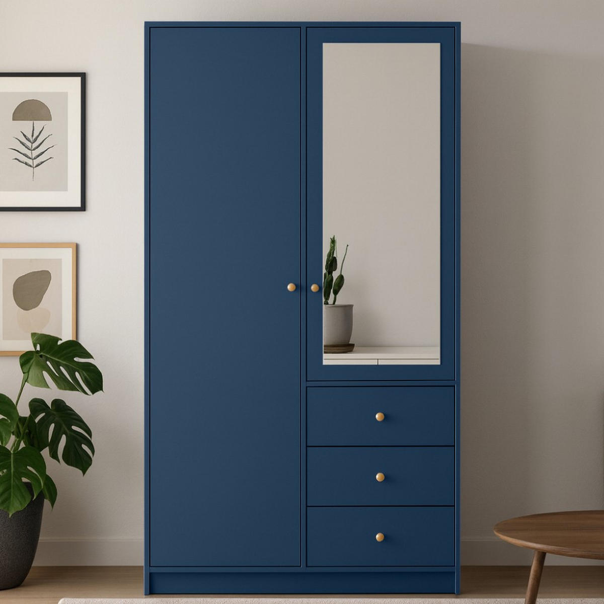 DREHTÜRENSCHRANK Solea Lux mit 2 Türen und 3 Schubladen, Dunkelblau - Goldfarben/Dunkelblau, Holzwerkstoff (100/200/57.5cm) - Beautysofa