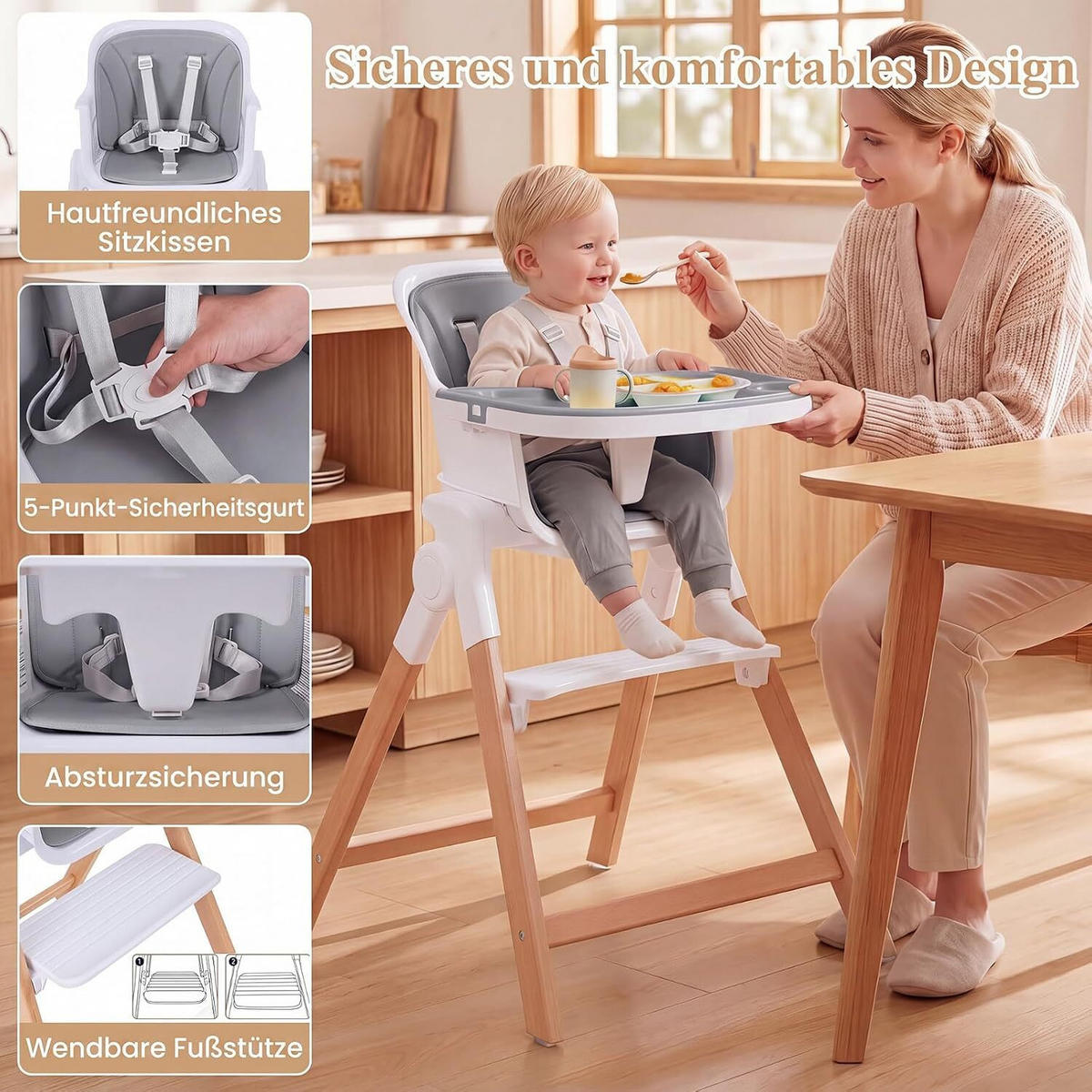 KINDERHOCHSTUHL mit Tablett grau - Grau, Holz (71/93/58cm) - COSTWAY