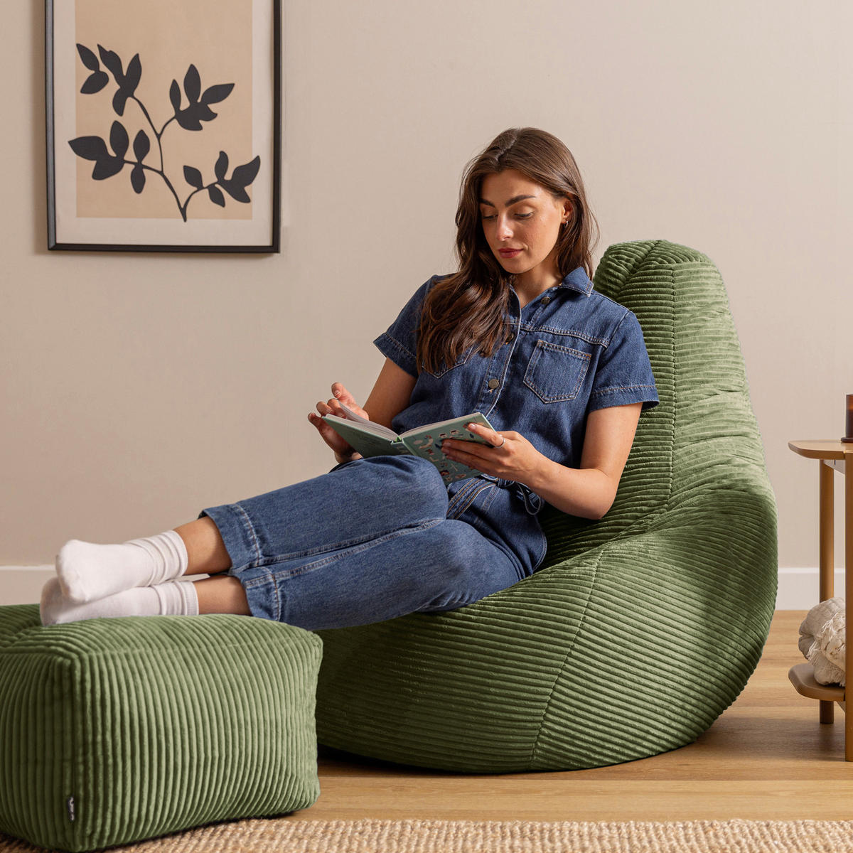 SITZSACK mit Hocker Dalton XXL Cord - Salbeigrün, Textil (94/40/92cm) - icon
