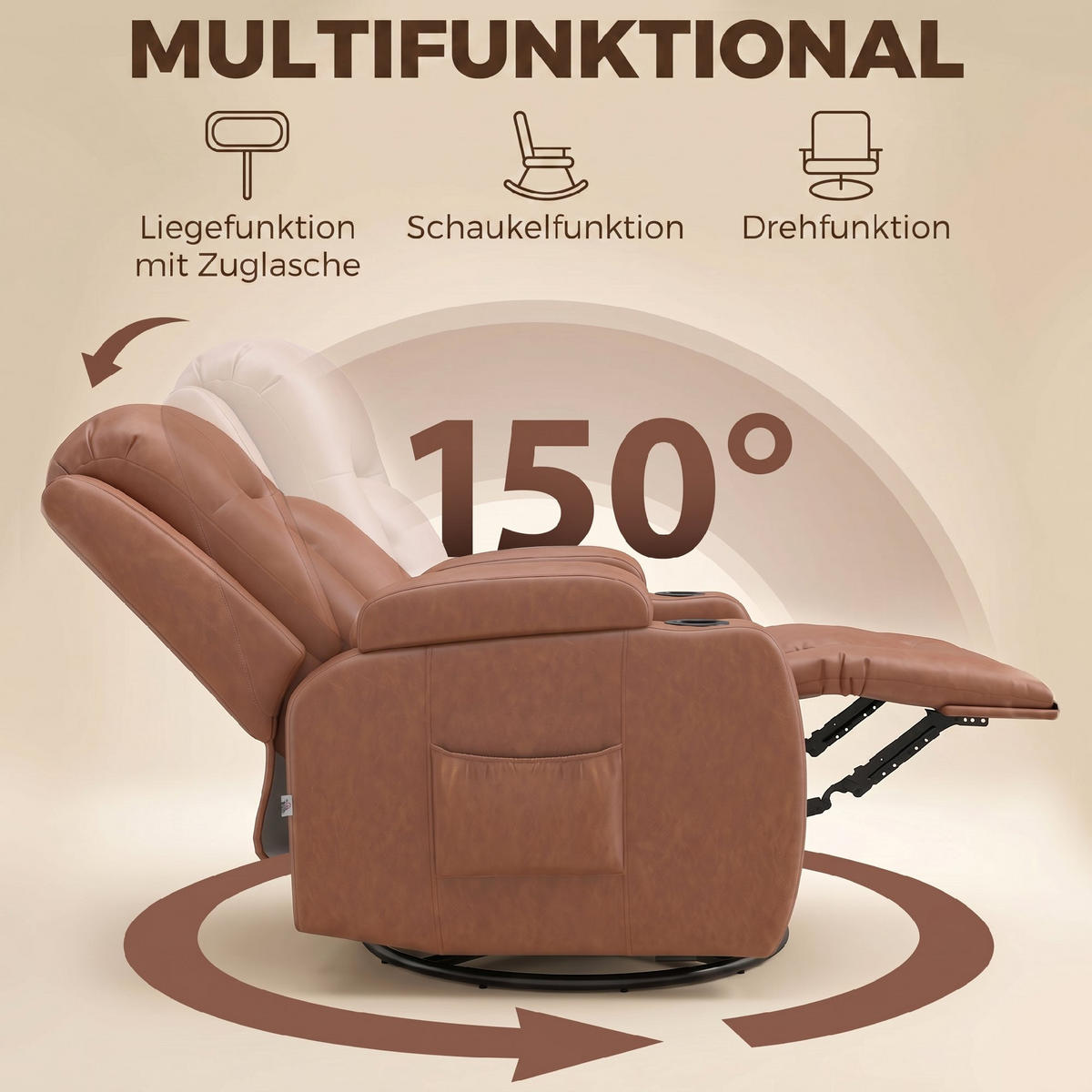 MASSAGESESSEL Kunstleder Hellbraun - Hellbraun/Schwarz, Kunststoff/Metall (85/104/94cm) - HOMCOM