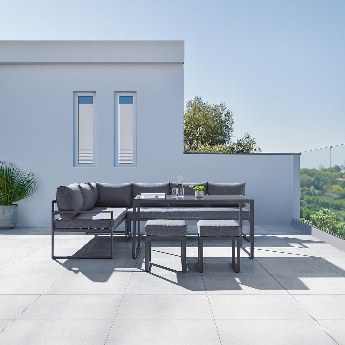 GARTENSITZGRUPPE - Stahl / Polyester - Schwarz / Grau - 5-teilig - Schwarz/Grau, Glas/Textil - home24