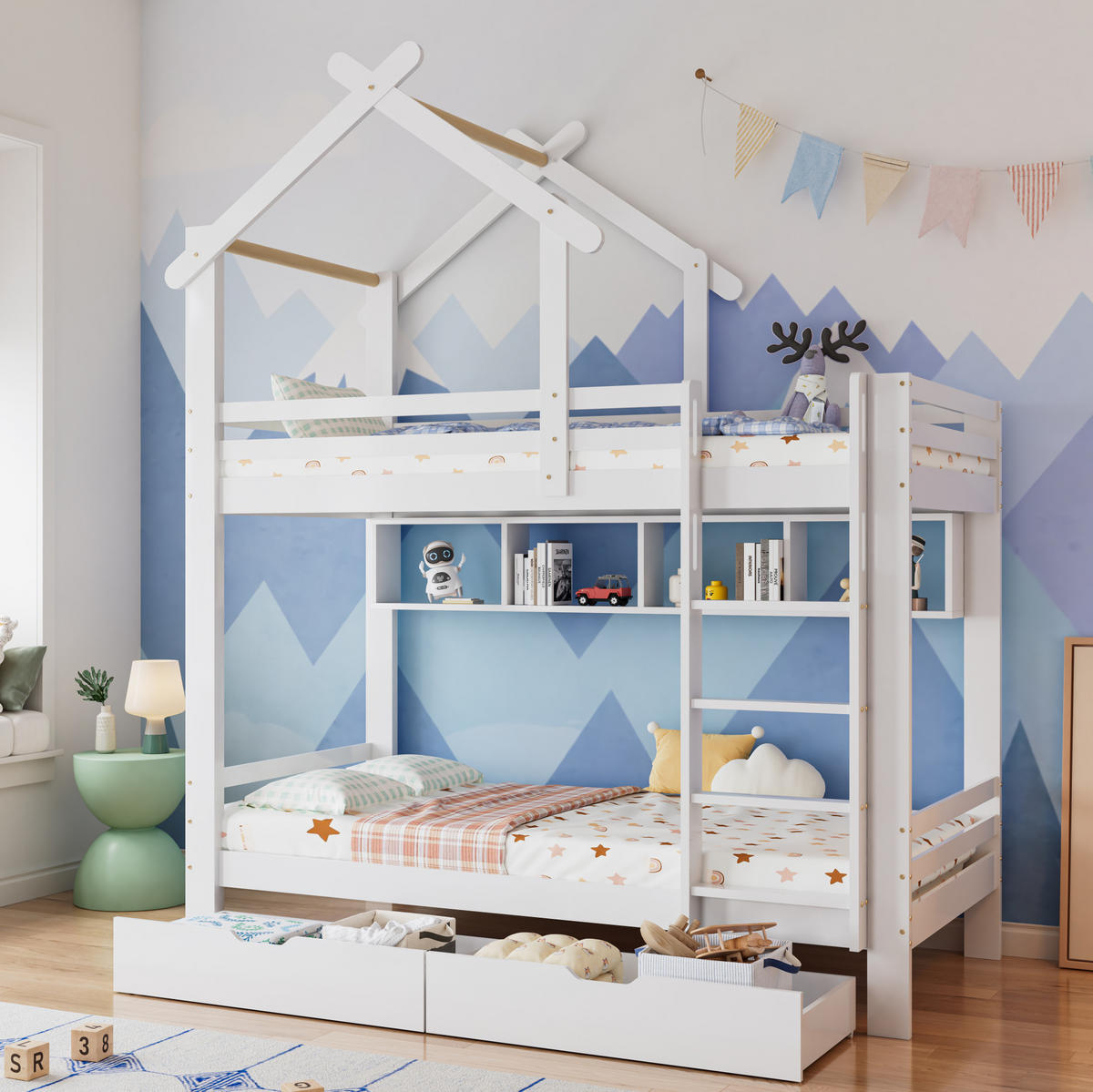 ETAGENBETT 90/200 cm Weiß mit Schubladen und Regalen aus Kiefernholz - Weiß, Holzwerkstoff (90/200cm) - OKWISH