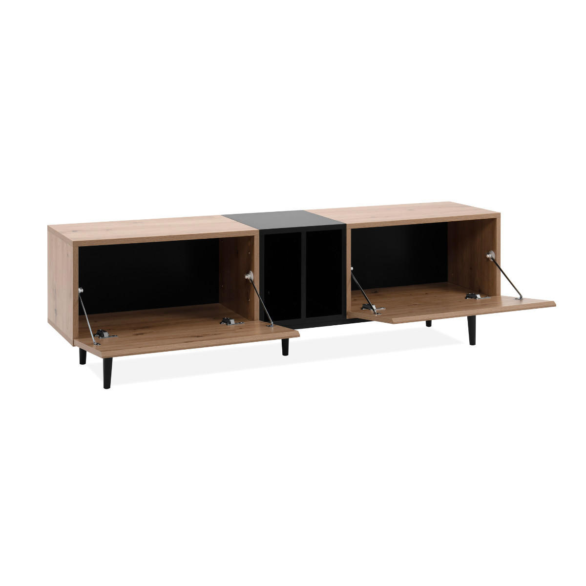 TV-MÖBEL mit 2 Klappen und 2 Nischen, Dekor Eiche Artisan und Schwarz 37/160/48 cm - Schwarz/Braun, Holzwerkstoff/Kunststoff (160/48/37cm) - Finori GmbH