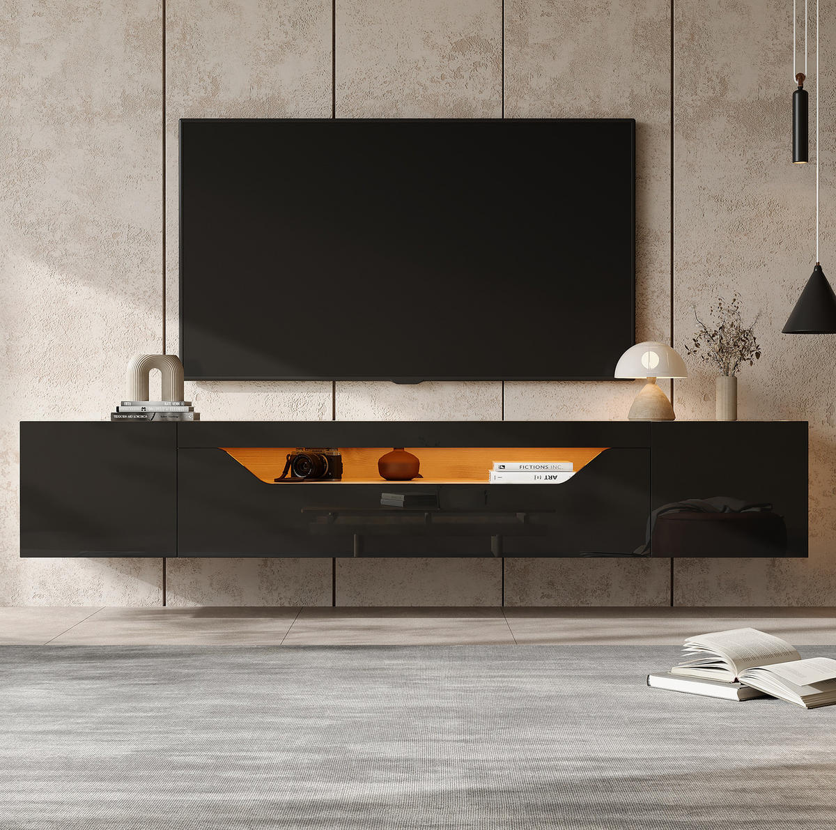 ZÁVĚSNÝ TV stolek 180/37/36 cm s LED osvětlením, vysokým leskem a víceúrovňovým úložištěm, Černá + přírodní dřevo - černá, kompozitní dřevo (180/36/37cm) - Redom