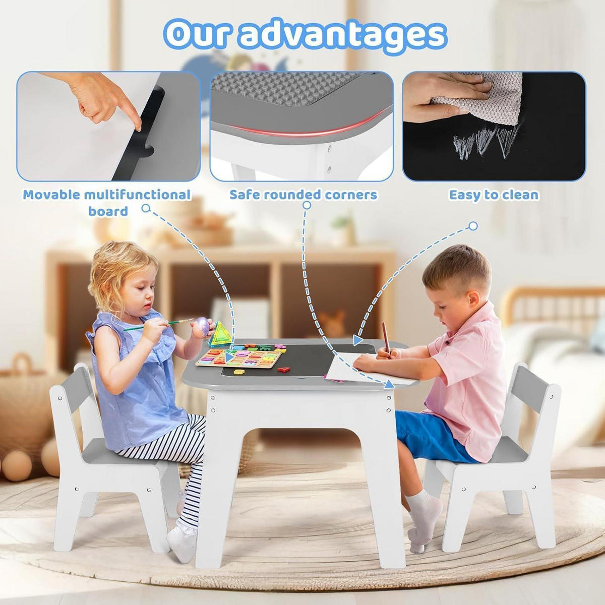KINDERTISCH mit 2 Stühlen 4-in-1 Set Grau - Weiß, Holzwerkstoff (50/49/54cm)