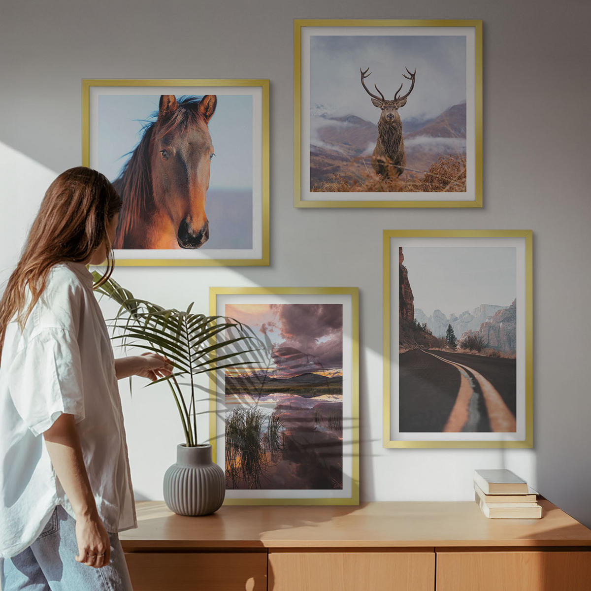 BILDER SET 4er Set - 50x50 cm & 40x60 cm Goldrahmen - Berglandschaften, Rentiere, Pferdestraße - Goldfarben, Kunststoff (50/50cm) - TULUP