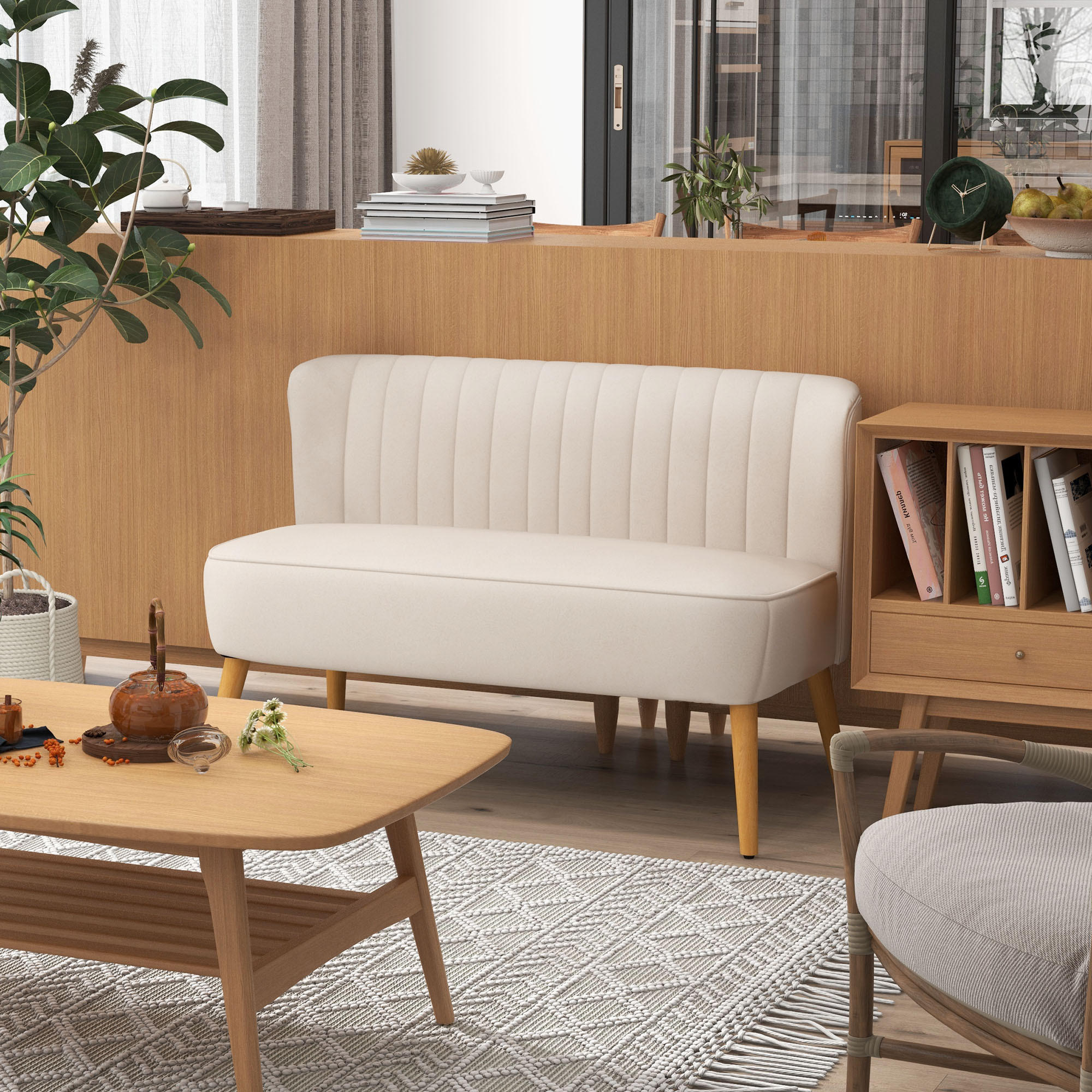 2-SITZER Sofa Zweisitzer, Loveseat mit Leinenoptik, Doppelsofa mit Holzbeine - Creme/Naturfarben, Holz/Textil (56.5/77/117cm) - HOMCOM