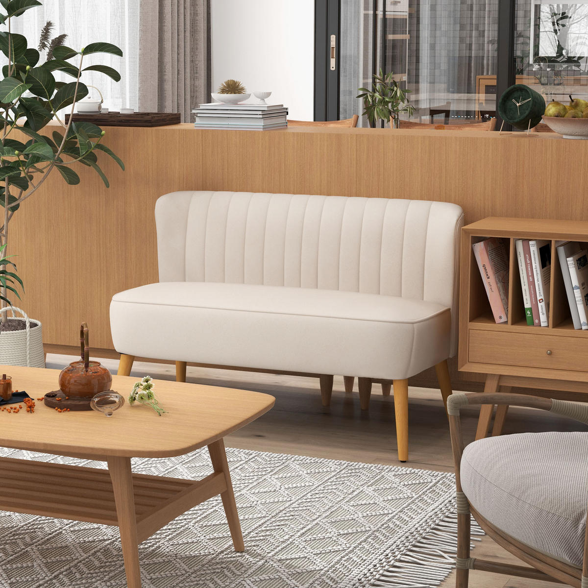 2-SITZER Sofa Zweisitzer, Loveseat mit Leinenoptik, Doppelsofa mit Holzbeine - Creme/Naturfarben, Holz/Textil (56.5/77/117cm) - HOMCOM