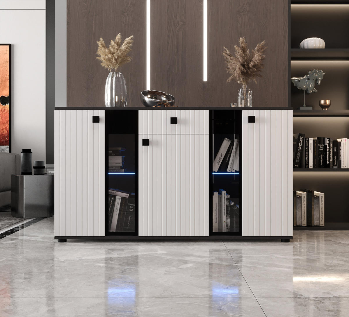 KOMMODE London LSMK LAMELE mit 3 Türen, Sideboard in Farbe: Weiß|Schwarz, Größe: 140 x 80 x 40 cm - Schwarz/Weiß, Holzwerkstoff (140/80/40cm) - O-Sofa