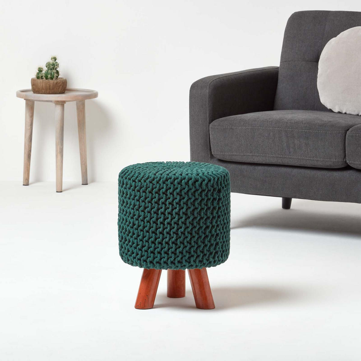 STRICK-HOCKER tannengrün, Dreibein 32/32/42 cm - Waldgrün, Textil (32/42/32cm) - Homescapes