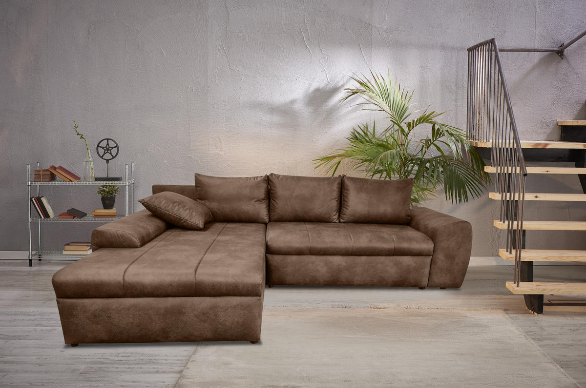 ECKSOFA mit Schlaffunktion, Bettkasten, Wellenunterfederung, Ottomane links B266/T186/H90 cm, Mikrofaser Leder-Optik Vintage Braun / 18014 - Schwarz/Braun, Kunststoff/Textil (266/186cm) - luma-home