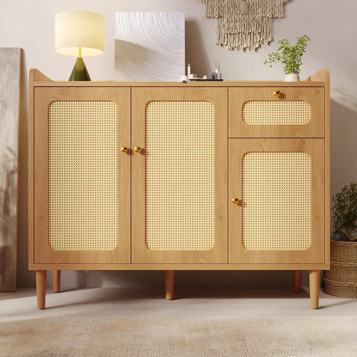 SIDEBOARD 120/40/91 cm mit Rattanfront, 3 Türen, Schublade und Soft-Close in Eichenoptik - Eichefarben/Goldfarben, Holzwerkstoff (120/91/40cm) - CHICFURN
