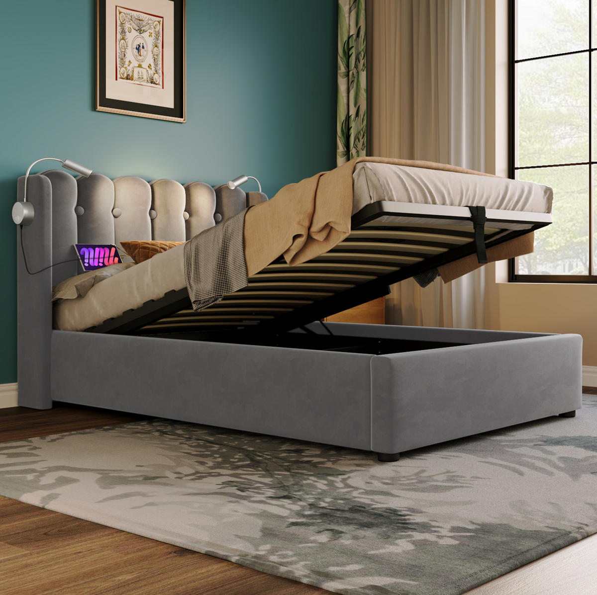 POLSTERBETT mit Bettkasten & USB 90x200 cm Samt Grau - Grau, Metall (90/200cm) - Meubliv